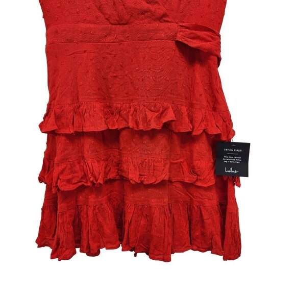 Lulus Red Wrap dress ruffle Knot Tie Sleeves Waist Tie Lined Bodice Size Medium - Picture 7 of 13
